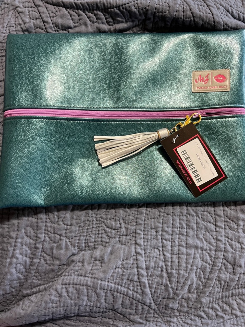 Makeup Junkie Teal Cosmetic Pouch with Pink Zipper and Tassel